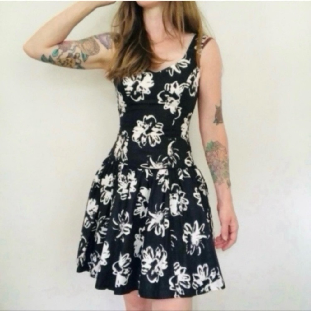 Vintage Laura Ashley Black Floral Mini Dress Fitted Silhouette Drop Waist Sweeth